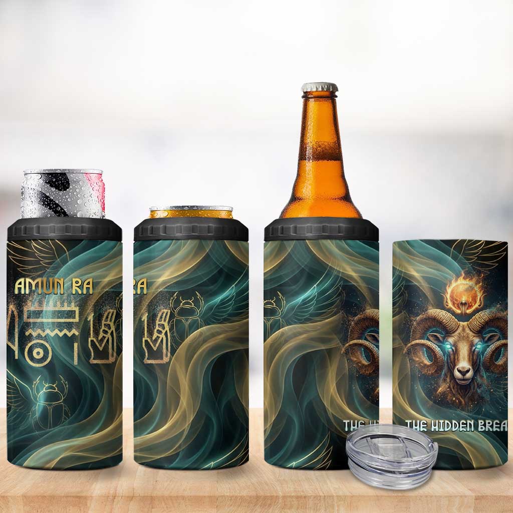 Amun Ancient Egyptian 4 in 1 Can Cooler Tumbler with Mystical Smoke Swirl Pattern, Fiery Ram Head, and Hieroglyphic - Wonder Print Shop