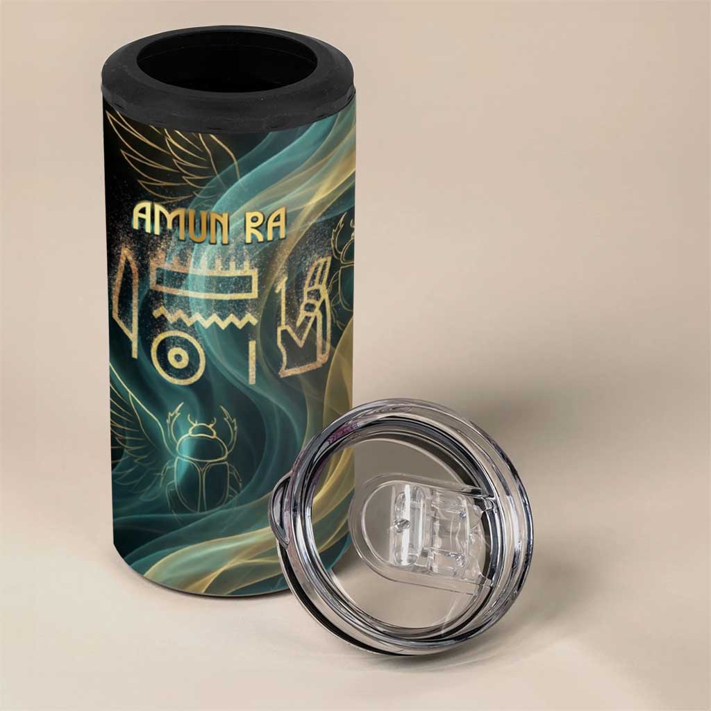 Amun Ancient Egyptian 4 in 1 Can Cooler Tumbler with Mystical Smoke Swirl Pattern, Fiery Ram Head, and Hieroglyphic - Wonder Print Shop