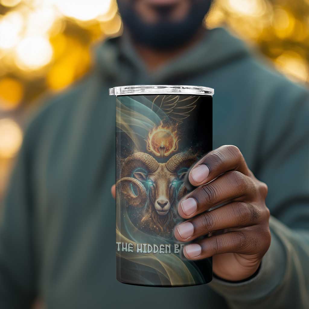 Amun Ancient Egyptian 4 in 1 Can Cooler Tumbler with Mystical Smoke Swirl Pattern, Fiery Ram Head, and Hieroglyphic - Wonder Print Shop