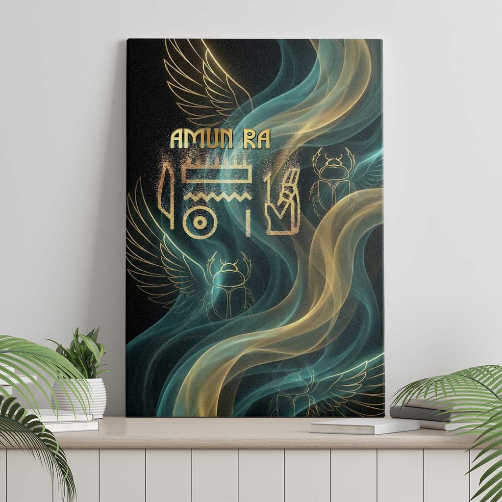 Amun Ancient Egyptian Canvas Wall Art with Mystical Smoke Swirl Pattern, Fiery Ram Head, and Hieroglyphic - Wonder Print Shop