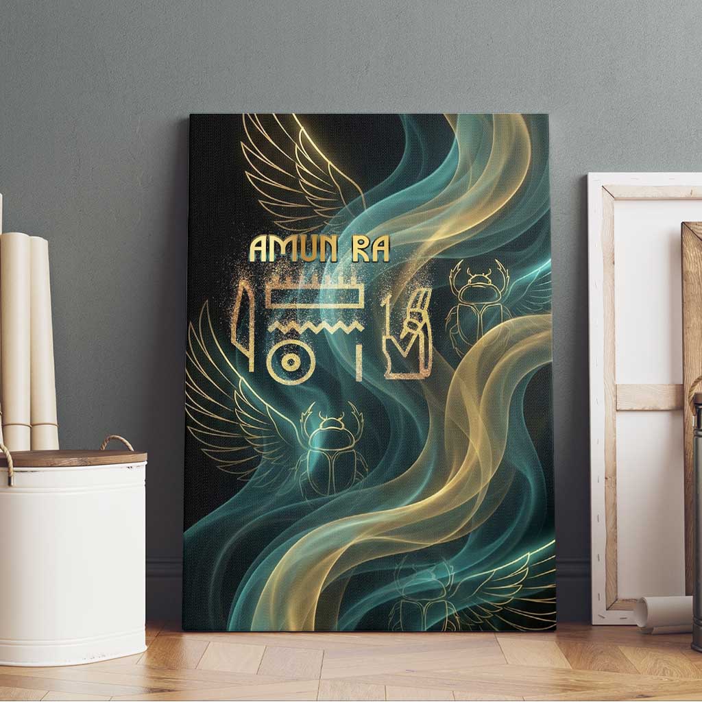 Amun Ancient Egyptian Canvas Wall Art with Mystical Smoke Swirl Pattern, Fiery Ram Head, and Hieroglyphic - Wonder Print Shop