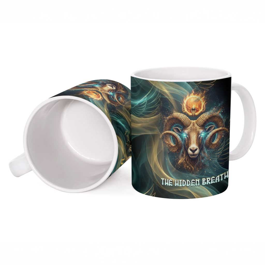 Amun Ancient Egyptian Ceramic Mug with Mystical Smoke Swirl Pattern, Fiery Ram Head, and Hieroglyphic - Wonder Print Shop