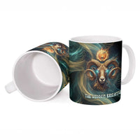 Amun Ancient Egyptian Ceramic Mug with Mystical Smoke Swirl Pattern, Fiery Ram Head, and Hieroglyphic - Wonder Print Shop