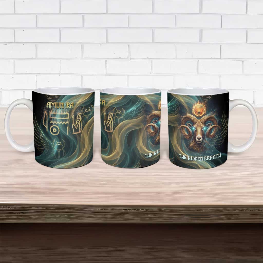 Amun Ancient Egyptian Ceramic Mug with Mystical Smoke Swirl Pattern, Fiery Ram Head, and Hieroglyphic - Wonder Print Shop