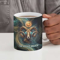 Amun Ancient Egyptian Ceramic Mug with Mystical Smoke Swirl Pattern, Fiery Ram Head, and Hieroglyphic - Wonder Print Shop