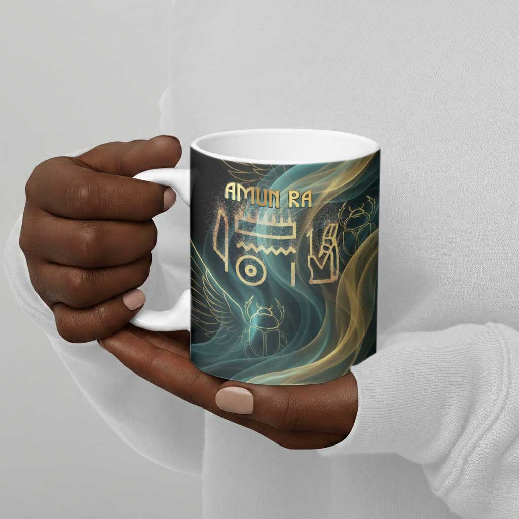 Amun Ancient Egyptian Ceramic Mug with Mystical Smoke Swirl Pattern, Fiery Ram Head, and Hieroglyphic - Wonder Print Shop