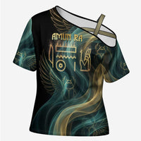 Amun Ancient Egyptian Cross Shoulder Shirt with Mystical Smoke Swirl Pattern, Fiery Ram Head, and Hieroglyphic - Wonder Print Shop