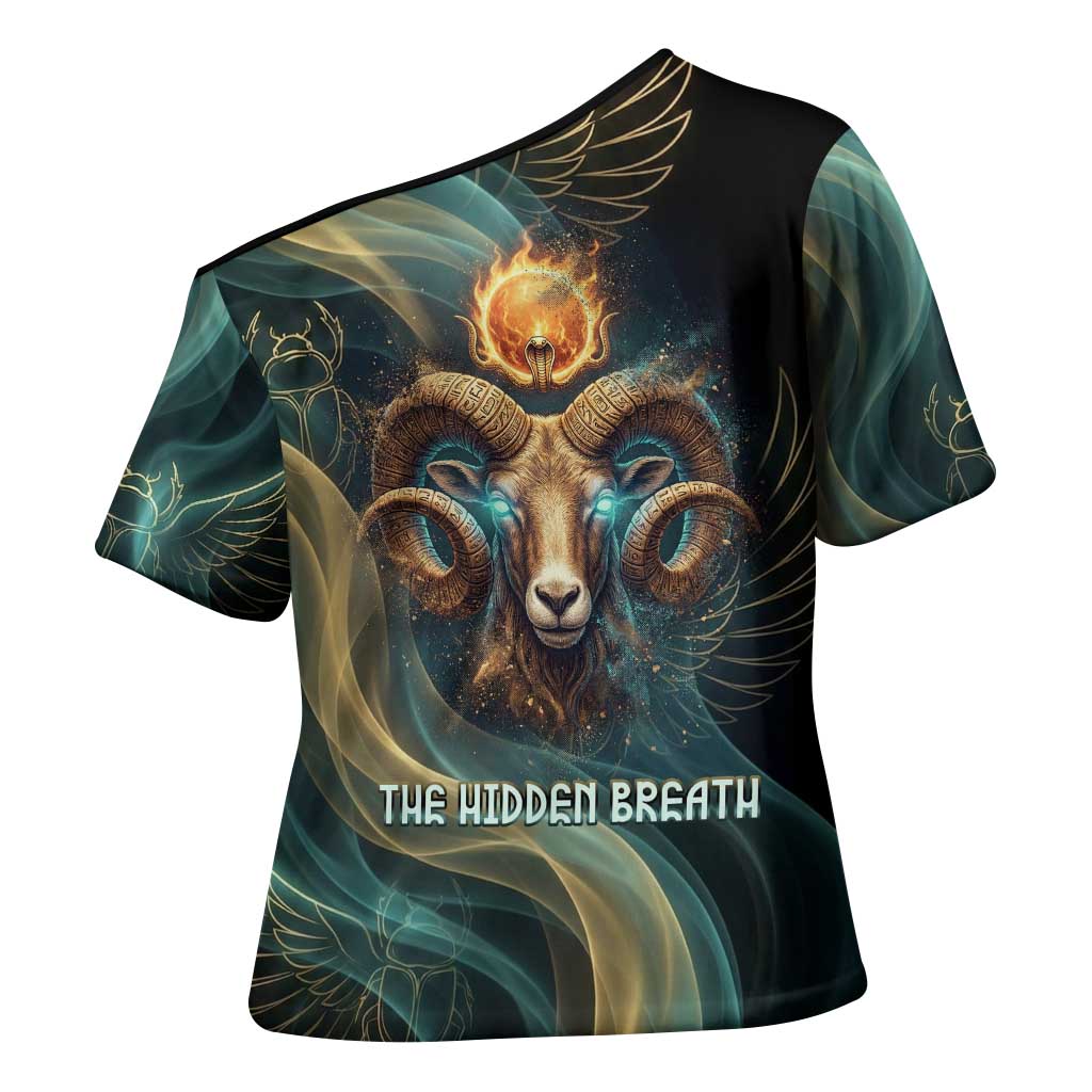 Amun Ancient Egyptian Cross Shoulder Shirt with Mystical Smoke Swirl Pattern, Fiery Ram Head, and Hieroglyphic - Wonder Print Shop