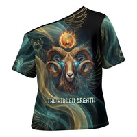 Amun Ancient Egyptian Cross Shoulder Shirt with Mystical Smoke Swirl Pattern, Fiery Ram Head, and Hieroglyphic - Wonder Print Shop