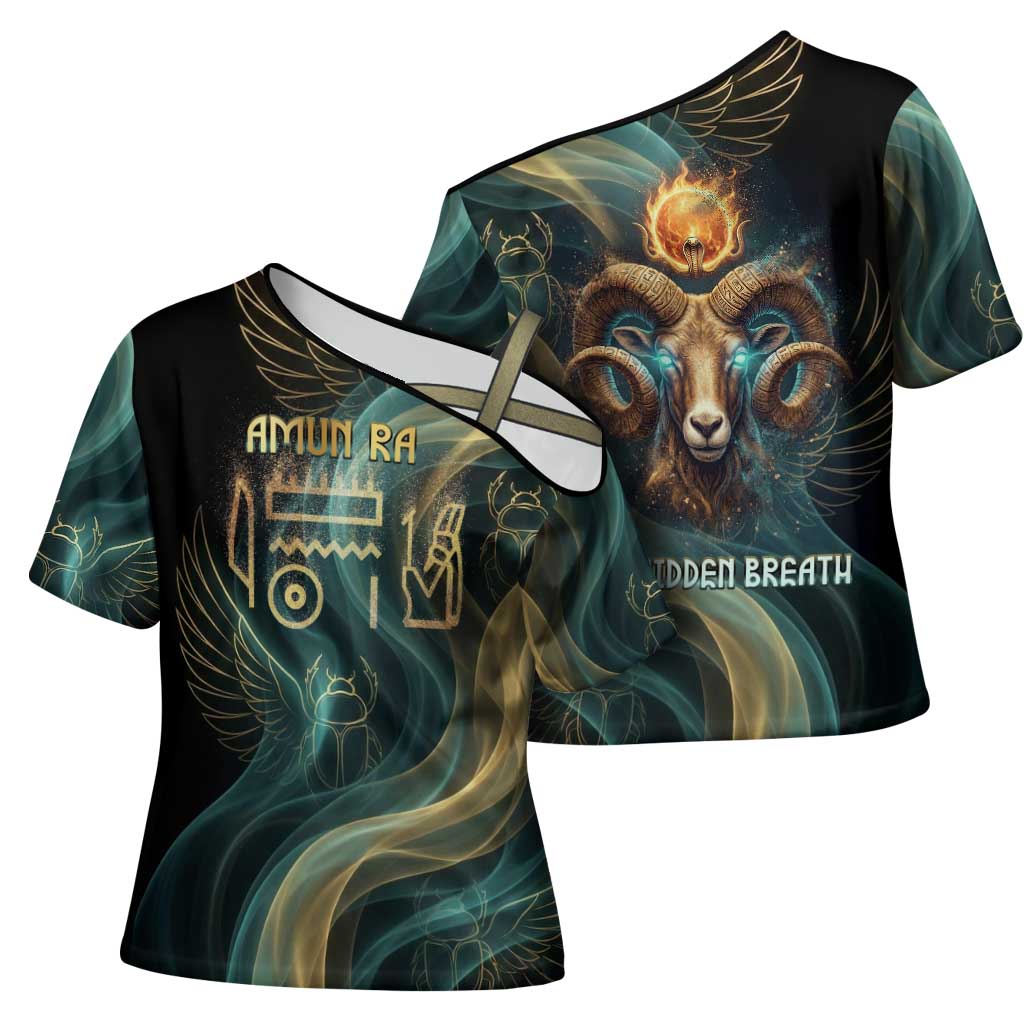 Amun Ancient Egyptian Cross Shoulder Shirt with Mystical Smoke Swirl Pattern, Fiery Ram Head, and Hieroglyphic - Wonder Print Shop