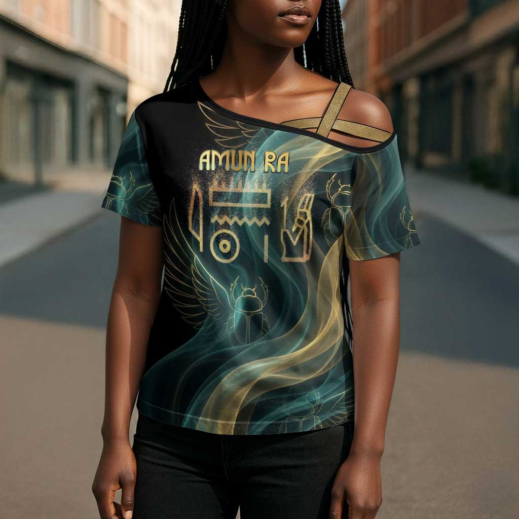 Amun Ancient Egyptian Cross Shoulder Shirt with Mystical Smoke Swirl Pattern, Fiery Ram Head, and Hieroglyphic - Wonder Print Shop