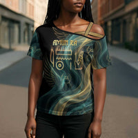Amun Ancient Egyptian Cross Shoulder Shirt with Mystical Smoke Swirl Pattern, Fiery Ram Head, and Hieroglyphic - Wonder Print Shop