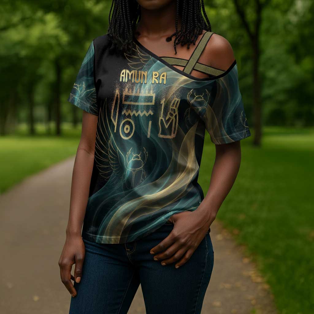 Amun Ancient Egyptian Cross Shoulder Shirt with Mystical Smoke Swirl Pattern, Fiery Ram Head, and Hieroglyphic - Wonder Print Shop