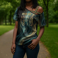Amun Ancient Egyptian Cross Shoulder Shirt with Mystical Smoke Swirl Pattern, Fiery Ram Head, and Hieroglyphic - Wonder Print Shop