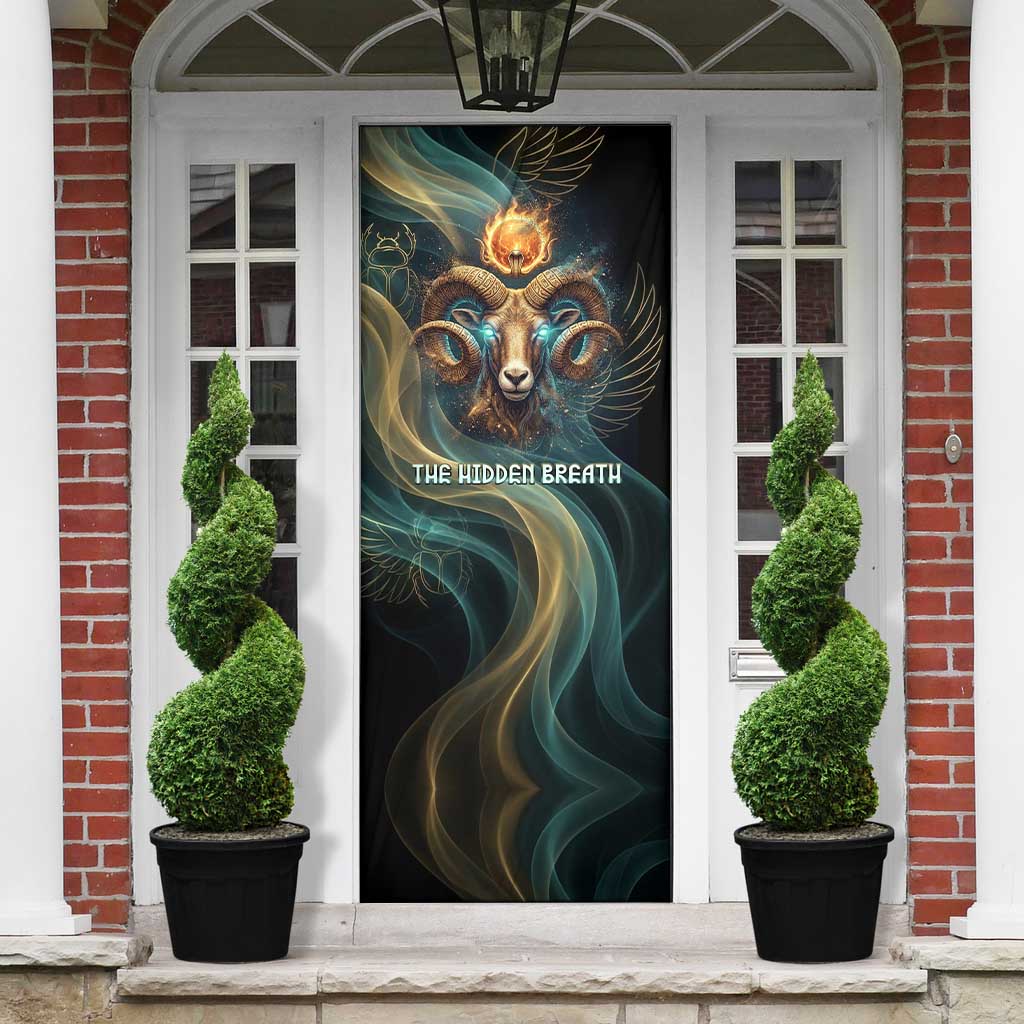 Amun Ancient Egyptian Door Cover with Mystical Smoke Swirl Pattern, Fiery Ram Head, and Hieroglyphic - Wonder Print Shop