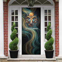 Amun Ancient Egyptian Door Cover with Mystical Smoke Swirl Pattern, Fiery Ram Head, and Hieroglyphic - Wonder Print Shop