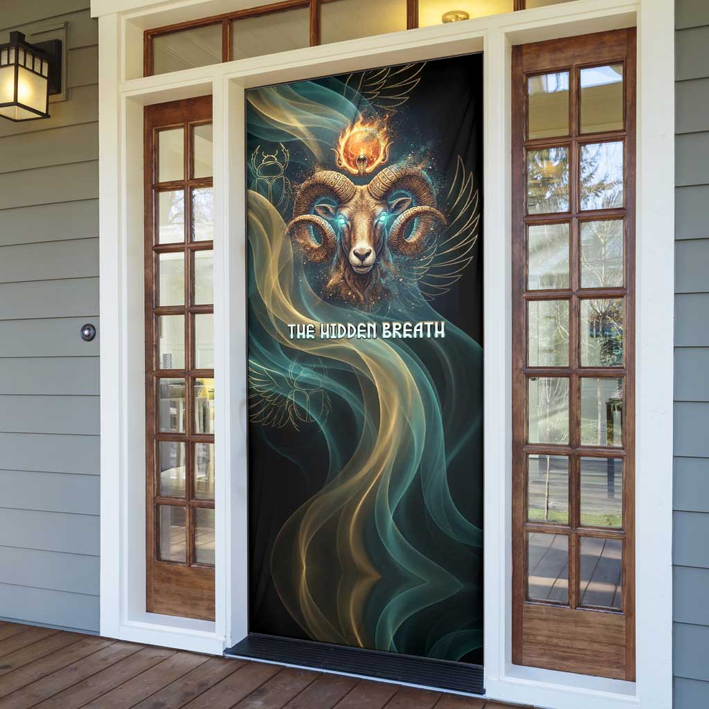Amun Ancient Egyptian Door Cover with Mystical Smoke Swirl Pattern, Fiery Ram Head, and Hieroglyphic - Wonder Print Shop