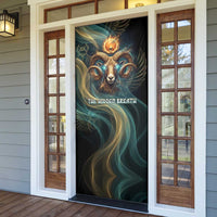 Amun Ancient Egyptian Door Cover with Mystical Smoke Swirl Pattern, Fiery Ram Head, and Hieroglyphic - Wonder Print Shop
