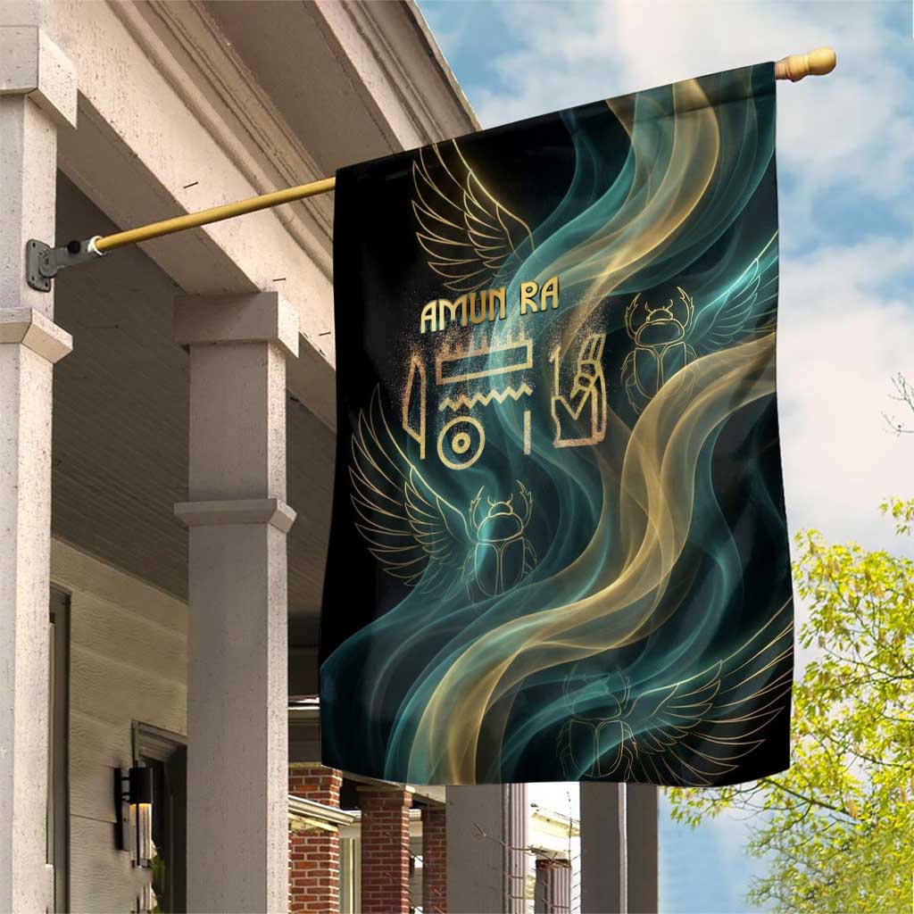 Amun Ancient Egyptian Garden Flag with Mystical Smoke Swirl Pattern, Fiery Ram Head, and Hieroglyphic - Wonder Print Shop