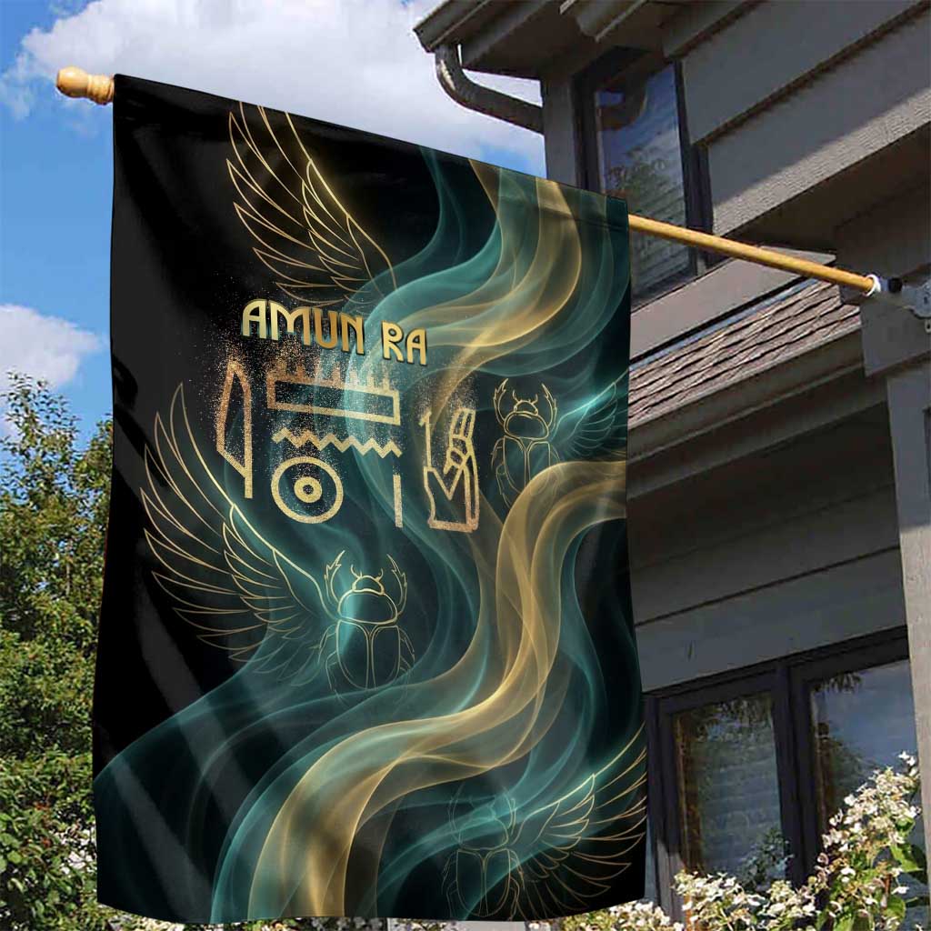 Amun Ancient Egyptian Garden Flag with Mystical Smoke Swirl Pattern, Fiery Ram Head, and Hieroglyphic - Wonder Print Shop