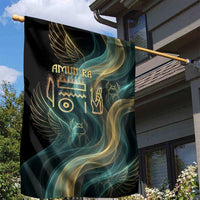 Amun Ancient Egyptian Garden Flag with Mystical Smoke Swirl Pattern, Fiery Ram Head, and Hieroglyphic - Wonder Print Shop