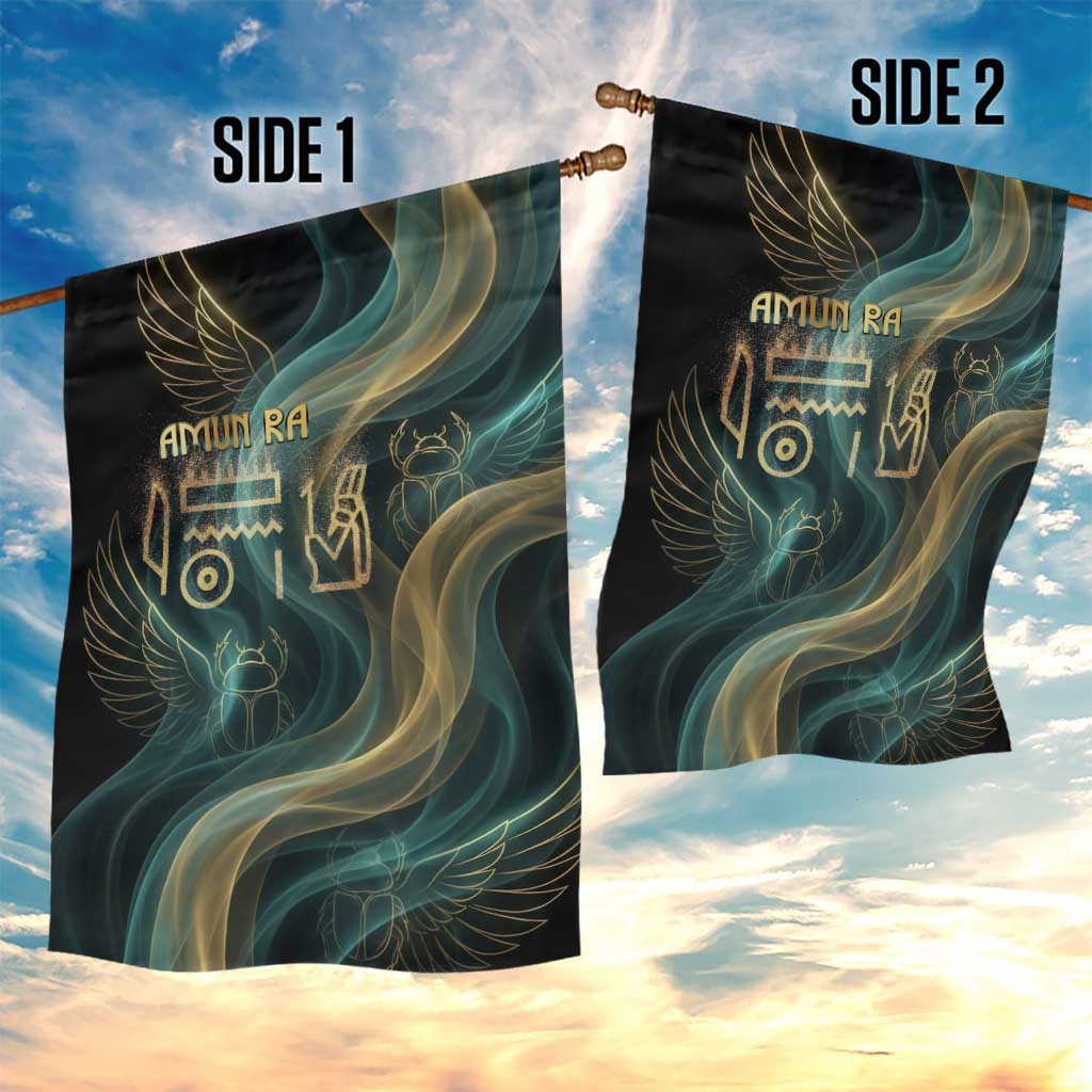 Amun Ancient Egyptian Garden Flag with Mystical Smoke Swirl Pattern, Fiery Ram Head, and Hieroglyphic - Wonder Print Shop