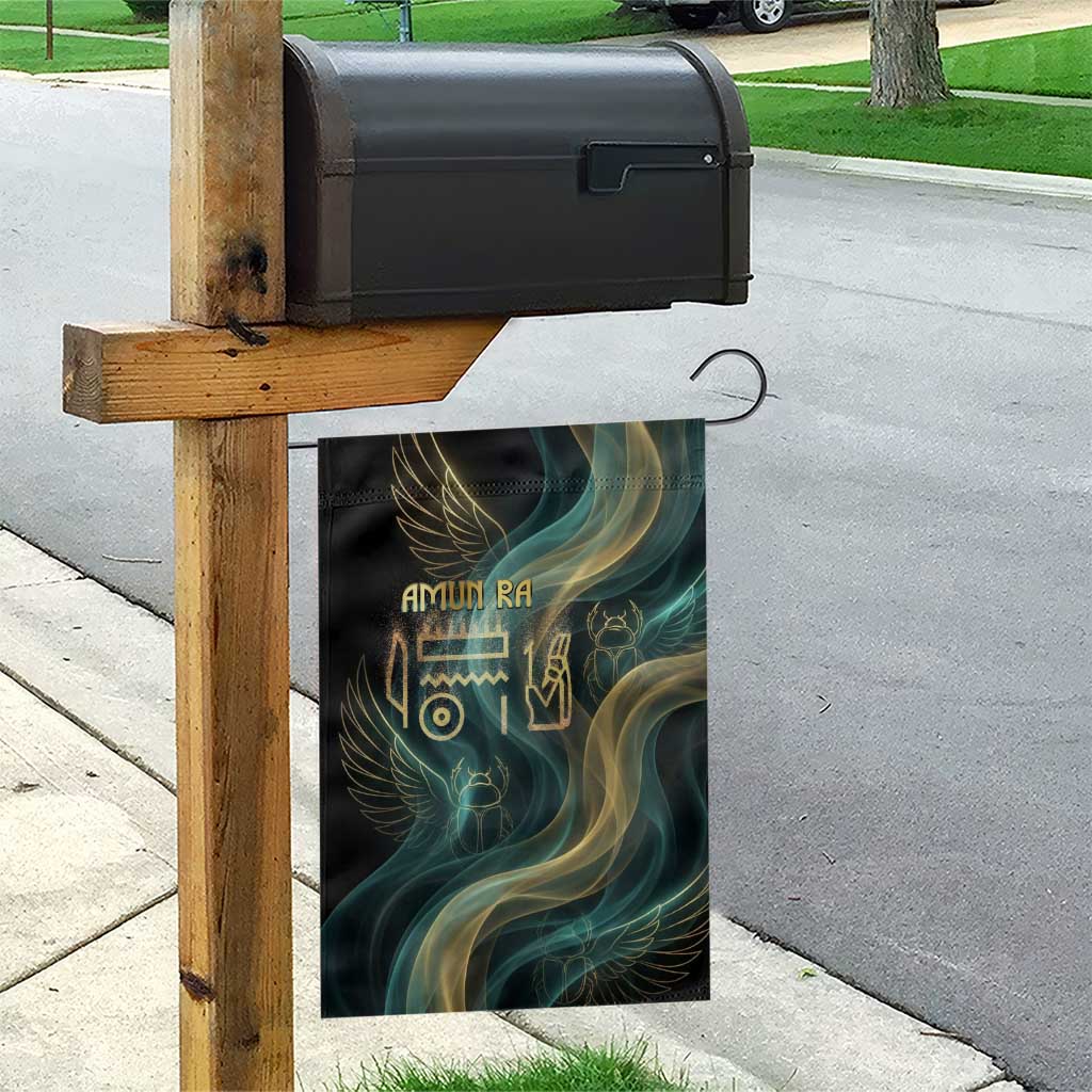 Amun Ancient Egyptian Garden Flag with Mystical Smoke Swirl Pattern, Fiery Ram Head, and Hieroglyphic - Wonder Print Shop