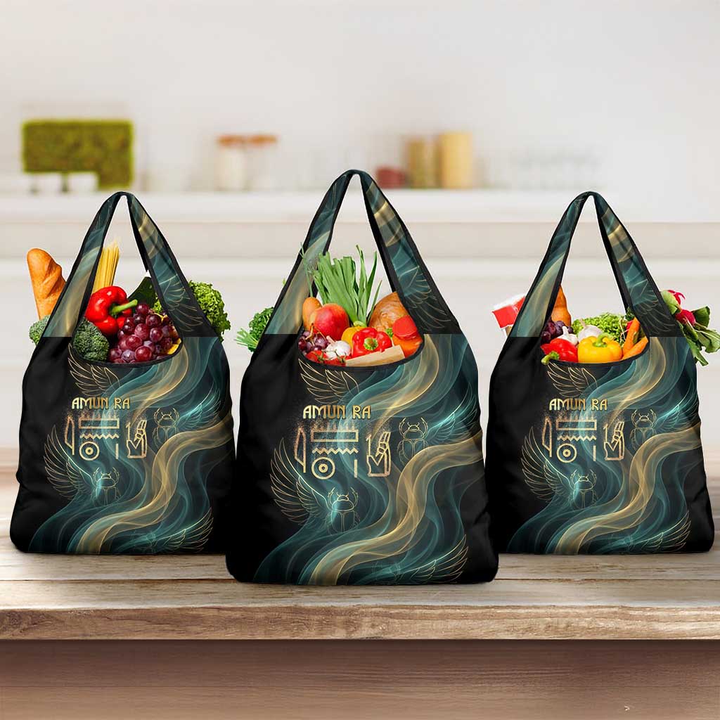Amun Ancient Egyptian Grocery Bag with Mystical Smoke Swirl Pattern, Fiery Ram Head, and Hieroglyphic - Wonder Print Shop