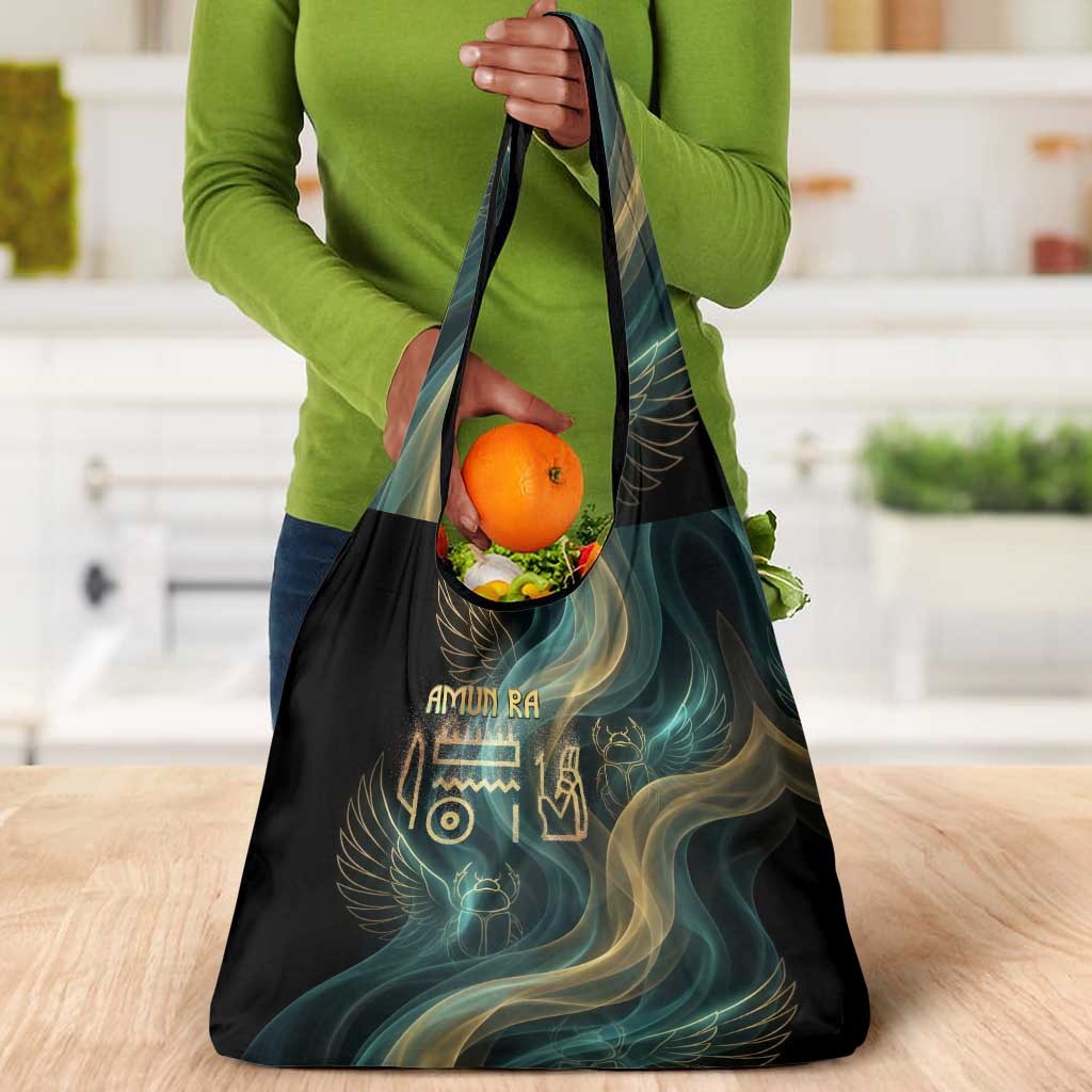 Amun Ancient Egyptian Grocery Bag with Mystical Smoke Swirl Pattern, Fiery Ram Head, and Hieroglyphic - Wonder Print Shop