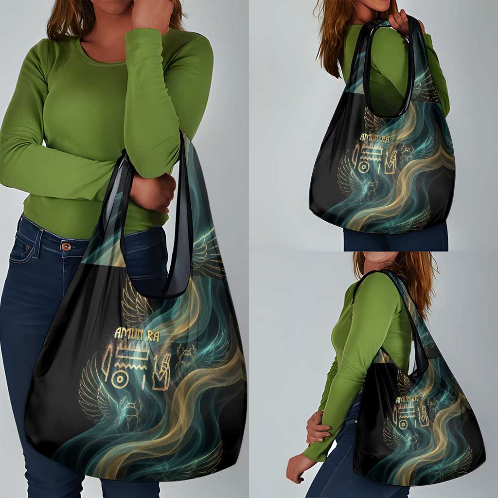 Amun Ancient Egyptian Grocery Bag with Mystical Smoke Swirl Pattern, Fiery Ram Head, and Hieroglyphic - Wonder Print Shop