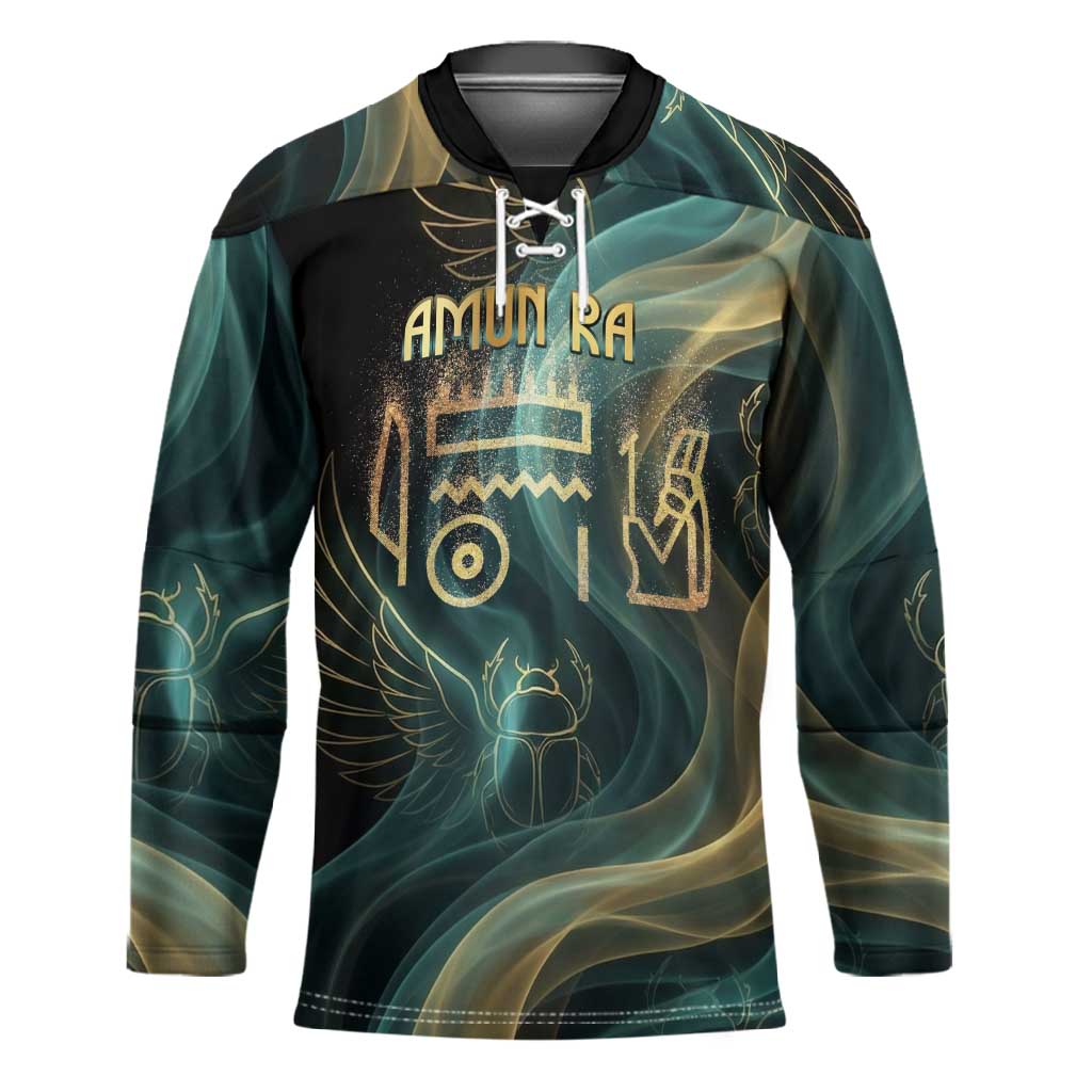 Amun Ancient Egyptian Hockey Jersey with Mystical Smoke Swirl Pattern, Fiery Ram Head, and Hieroglyphic - Wonder Print Shop
