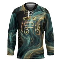 Amun Ancient Egyptian Hockey Jersey with Mystical Smoke Swirl Pattern, Fiery Ram Head, and Hieroglyphic - Wonder Print Shop