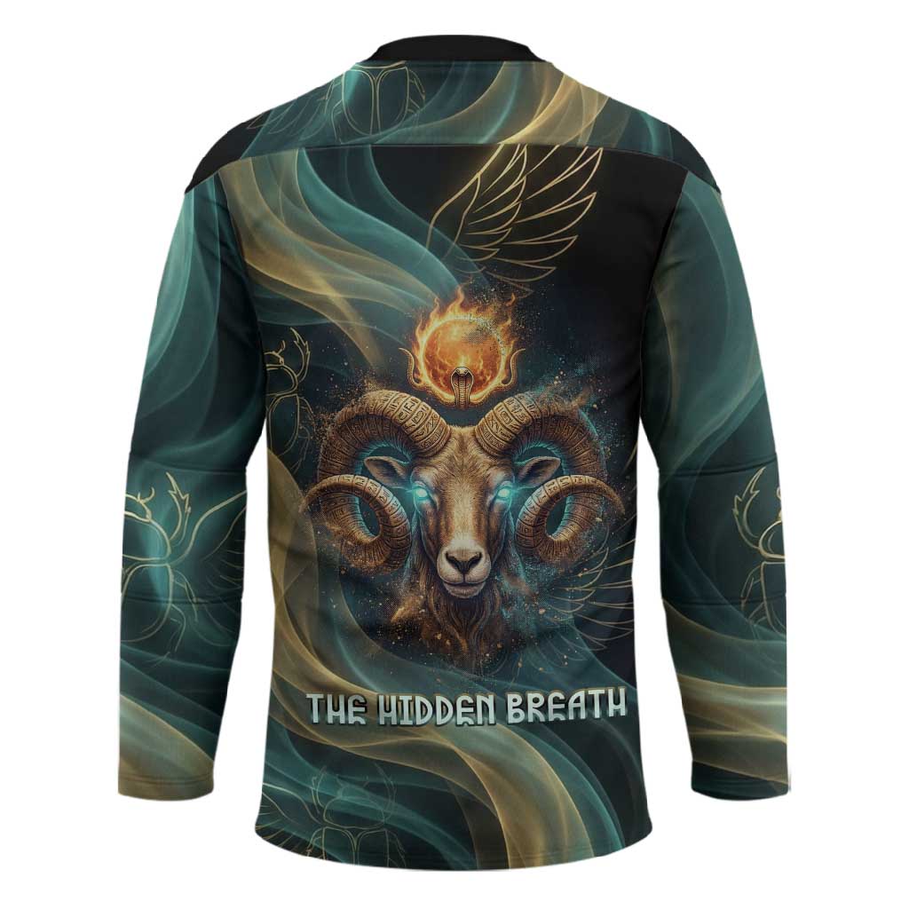Amun Ancient Egyptian Hockey Jersey with Mystical Smoke Swirl Pattern, Fiery Ram Head, and Hieroglyphic - Wonder Print Shop