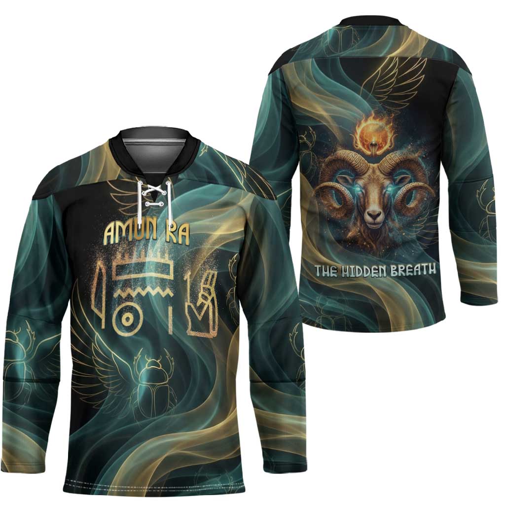 Amun Ancient Egyptian Hockey Jersey with Mystical Smoke Swirl Pattern, Fiery Ram Head, and Hieroglyphic - Wonder Print Shop