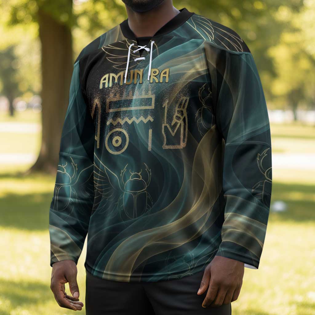 Amun Ancient Egyptian Hockey Jersey with Mystical Smoke Swirl Pattern, Fiery Ram Head, and Hieroglyphic - Wonder Print Shop