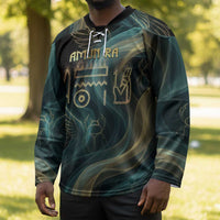 Amun Ancient Egyptian Hockey Jersey with Mystical Smoke Swirl Pattern, Fiery Ram Head, and Hieroglyphic - Wonder Print Shop