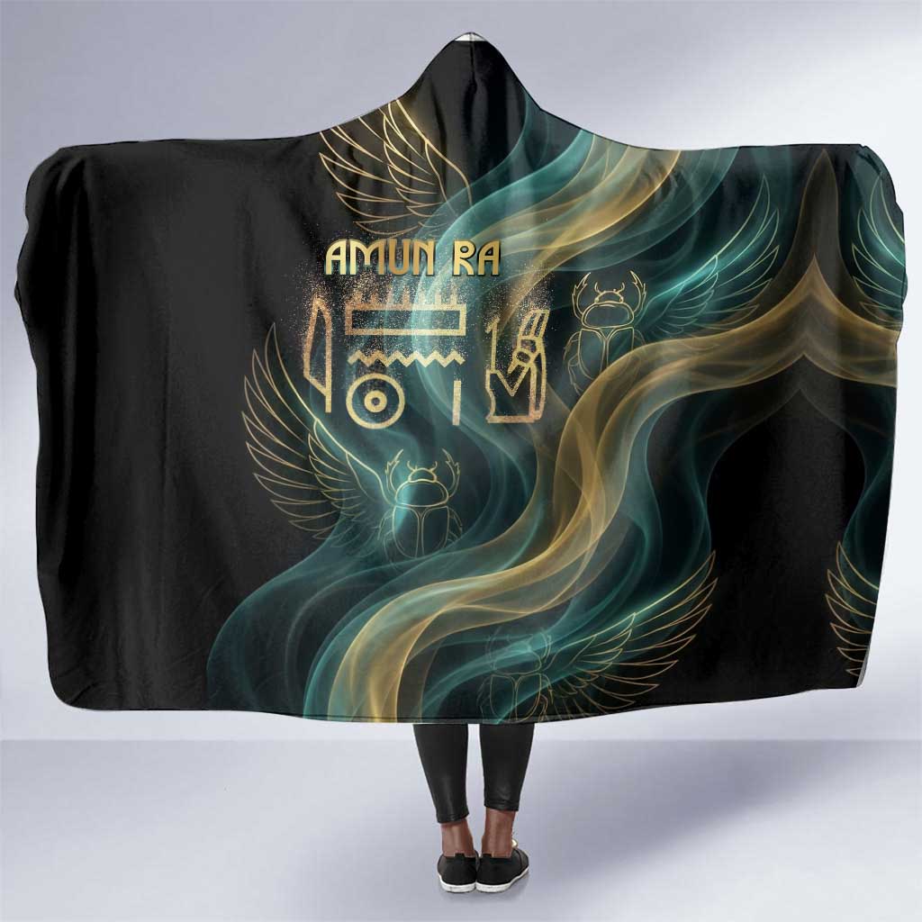 Amun Ancient Egyptian Hooded Blanket with Mystical Smoke Swirl Pattern, Fiery Ram Head, and Hieroglyphic - Wonder Print Shop