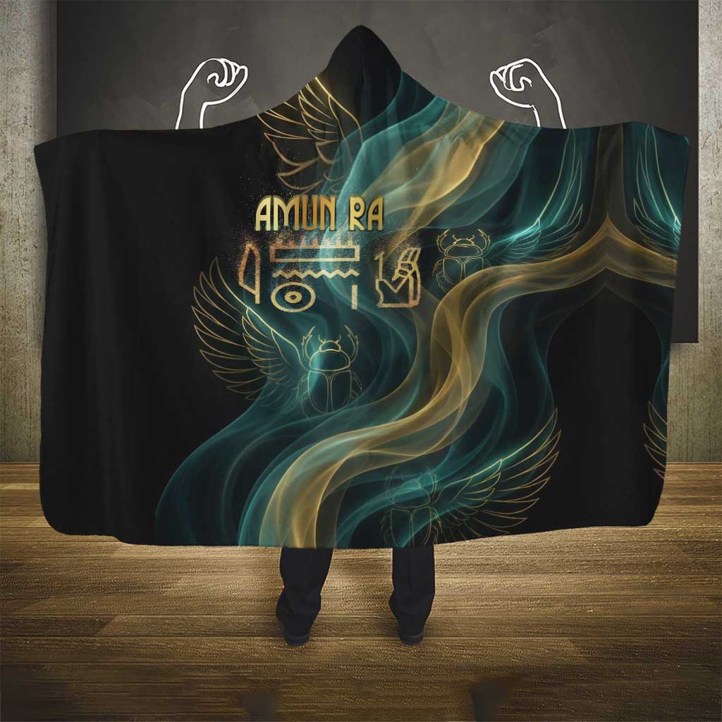 Amun Ancient Egyptian Hooded Blanket with Mystical Smoke Swirl Pattern, Fiery Ram Head, and Hieroglyphic - Wonder Print Shop