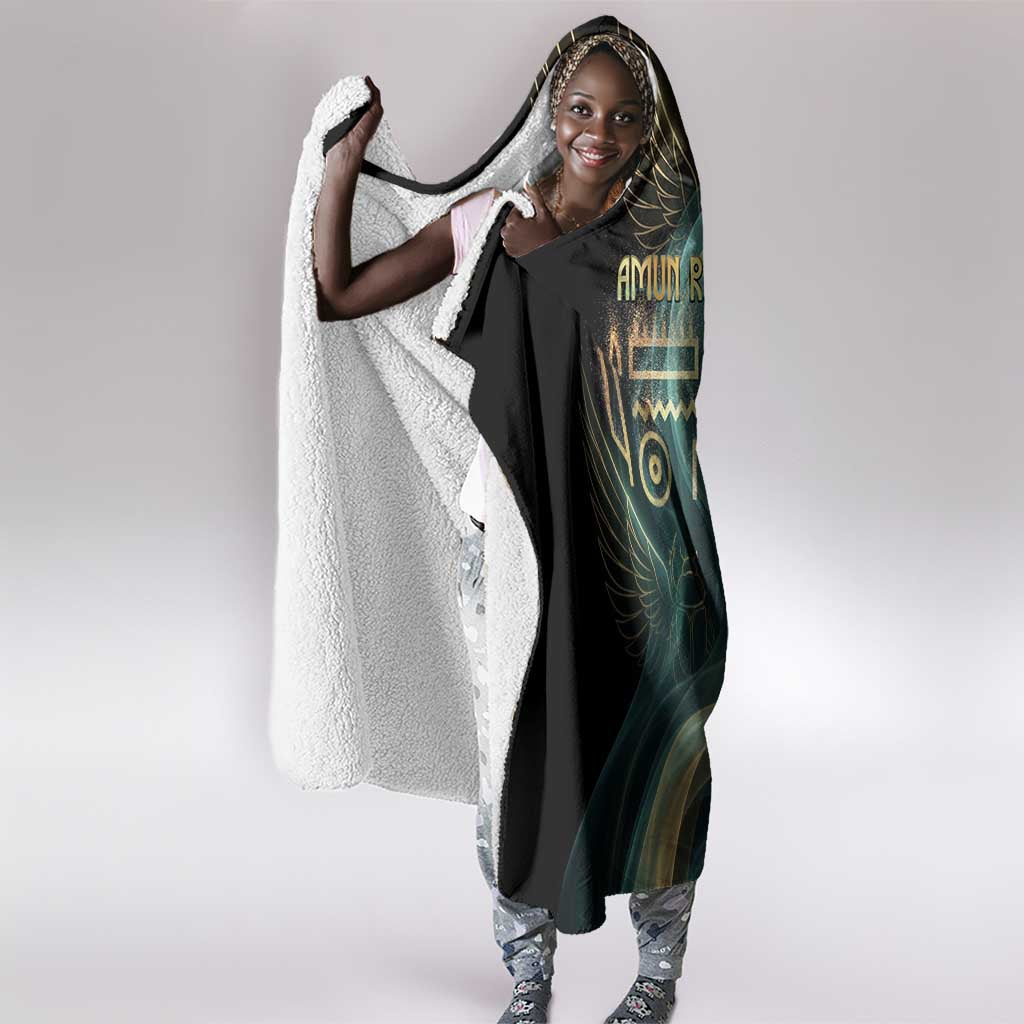 Amun Ancient Egyptian Hooded Blanket with Mystical Smoke Swirl Pattern, Fiery Ram Head, and Hieroglyphic - Wonder Print Shop