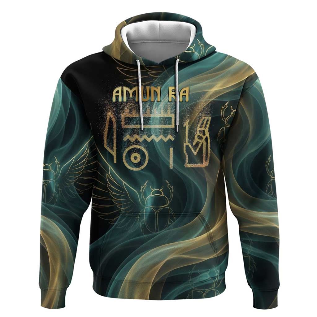 Amun Ancient Egyptian Hoodie with Mystical Smoke Swirl Pattern, Fiery Ram Head, and Hieroglyphic - Wonder Print Shop