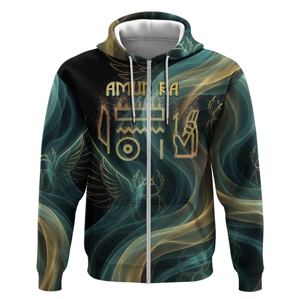 Amun Ancient Egyptian Hoodie with Mystical Smoke Swirl Pattern, Fiery Ram Head, and Hieroglyphic - Wonder Print Shop