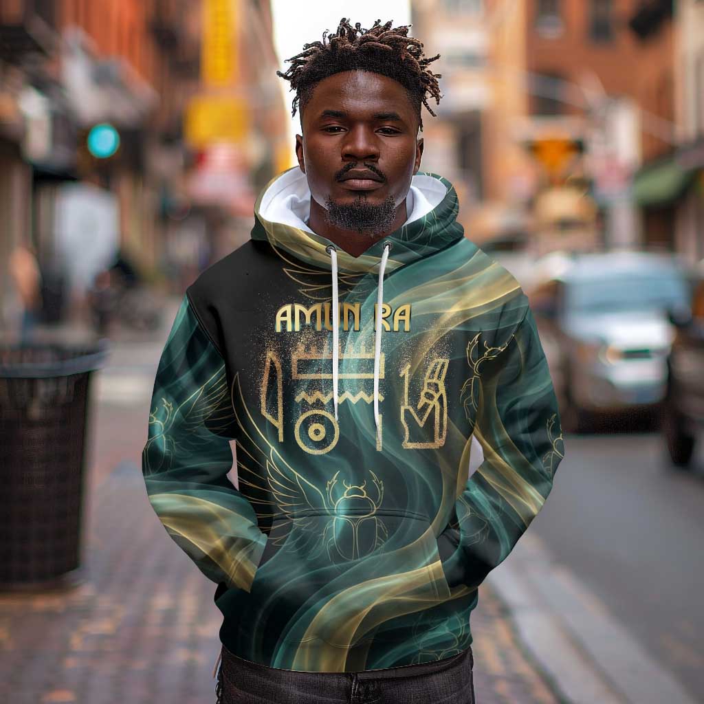 Amun Ancient Egyptian Hoodie with Mystical Smoke Swirl Pattern, Fiery Ram Head, and Hieroglyphic - Wonder Print Shop