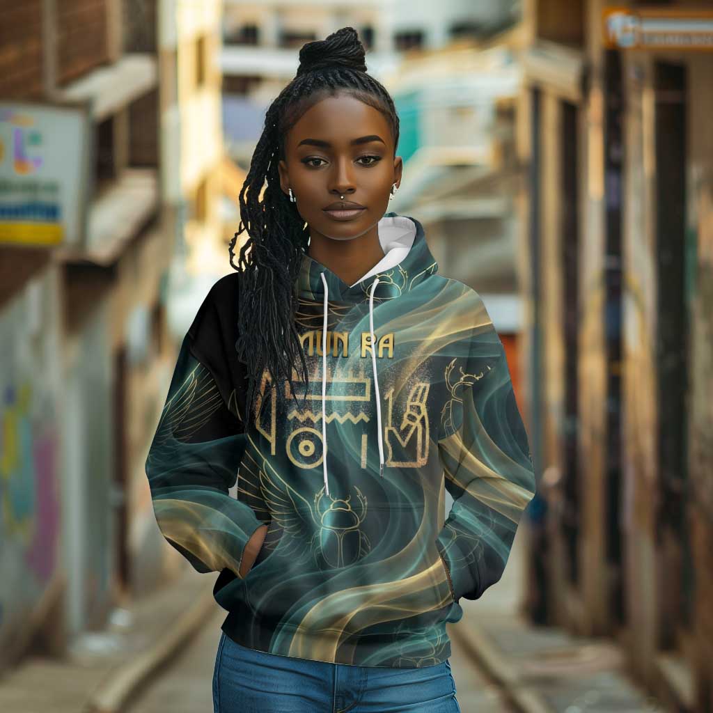 Amun Ancient Egyptian Hoodie with Mystical Smoke Swirl Pattern, Fiery Ram Head, and Hieroglyphic - Wonder Print Shop