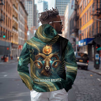 Amun Ancient Egyptian Hoodie with Mystical Smoke Swirl Pattern, Fiery Ram Head, and Hieroglyphic - Wonder Print Shop