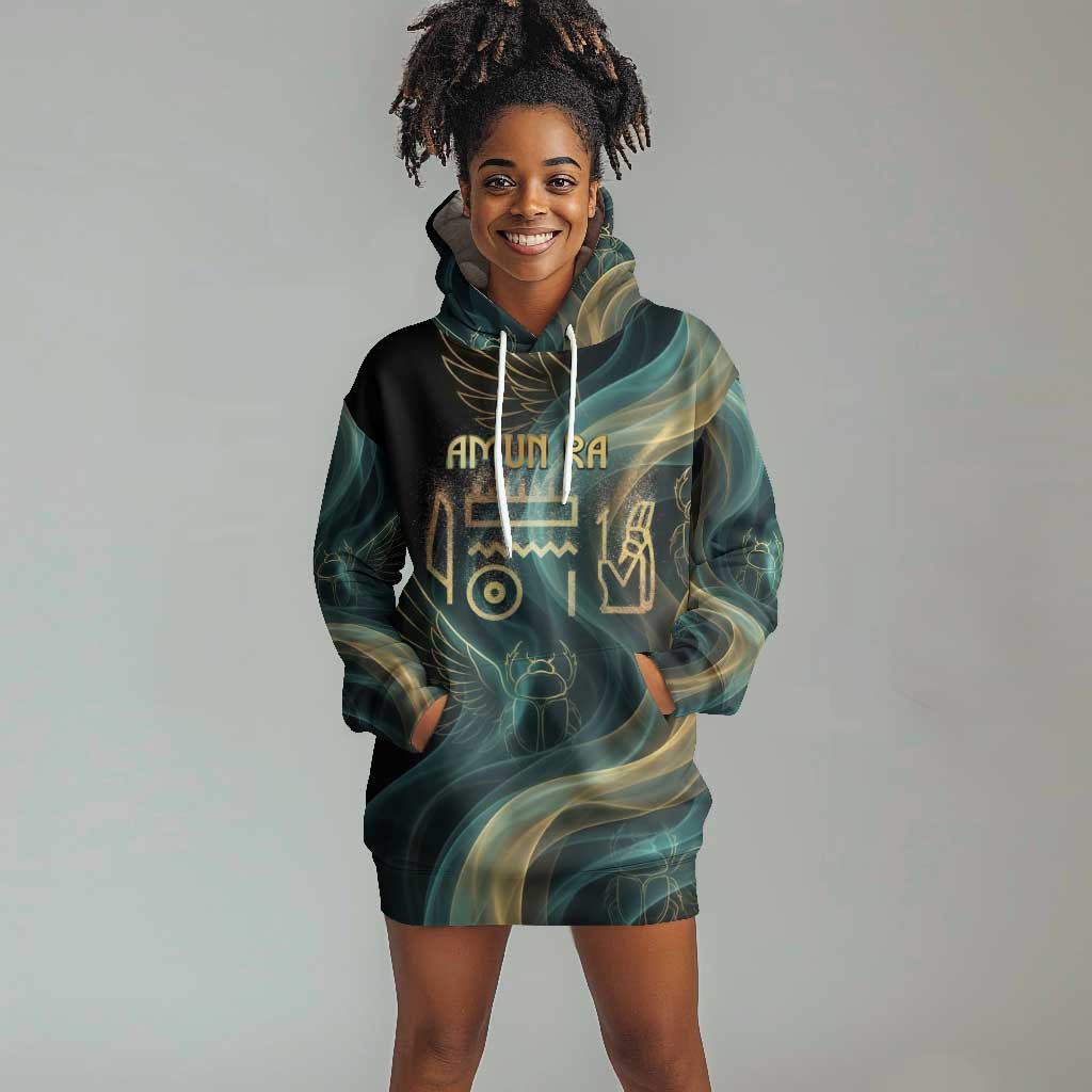 Amun Ancient Egyptian Hoodie Dress with Mystical Smoke Swirl Pattern, Fiery Ram Head, and Hieroglyphic - Wonder Print Shop