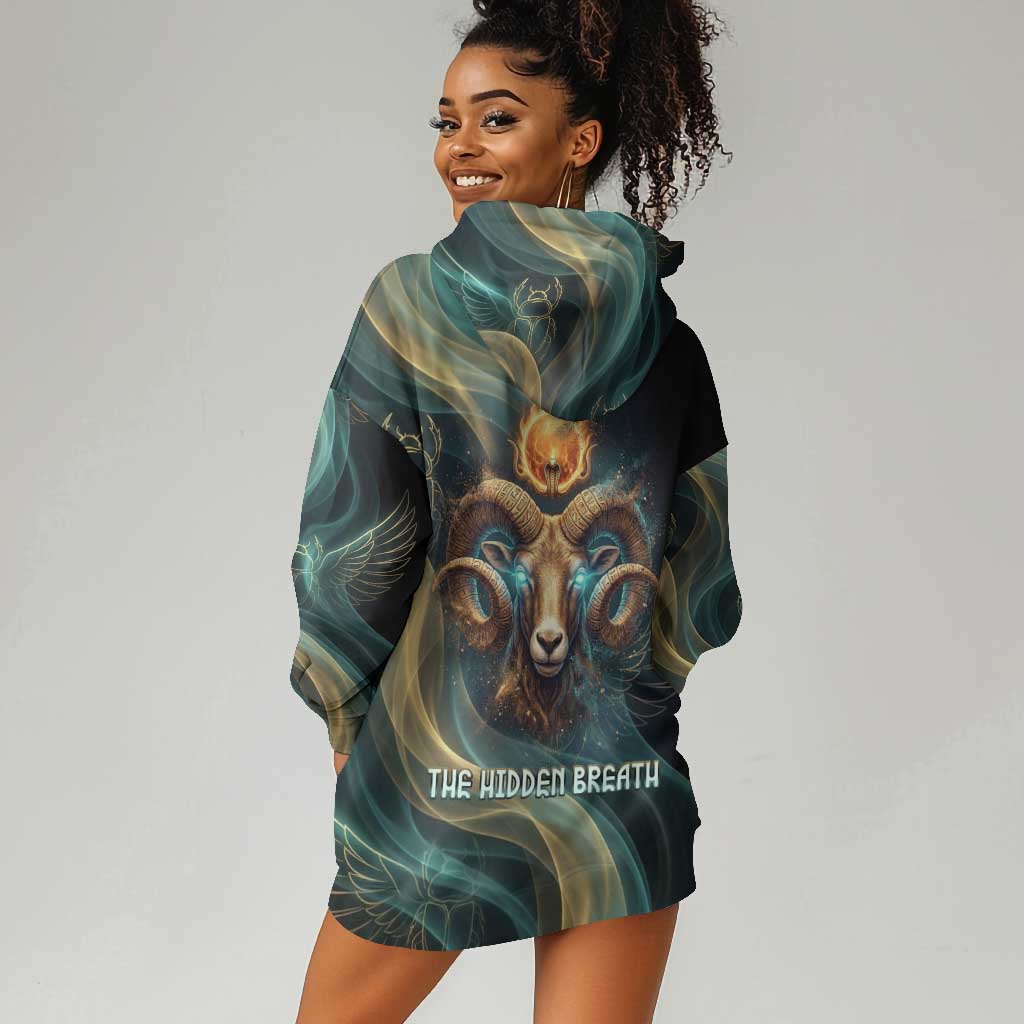 Amun Ancient Egyptian Hoodie Dress with Mystical Smoke Swirl Pattern, Fiery Ram Head, and Hieroglyphic - Wonder Print Shop