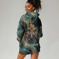 Amun Ancient Egyptian Hoodie Dress with Mystical Smoke Swirl Pattern, Fiery Ram Head, and Hieroglyphic - Wonder Print Shop