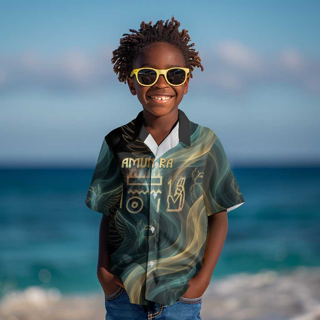 Amun Ancient Egyptian Kid Hawaiian Shirt with Mystical Smoke Swirl Pattern, Fiery Ram Head, and Hieroglyphic - Wonder Print Shop