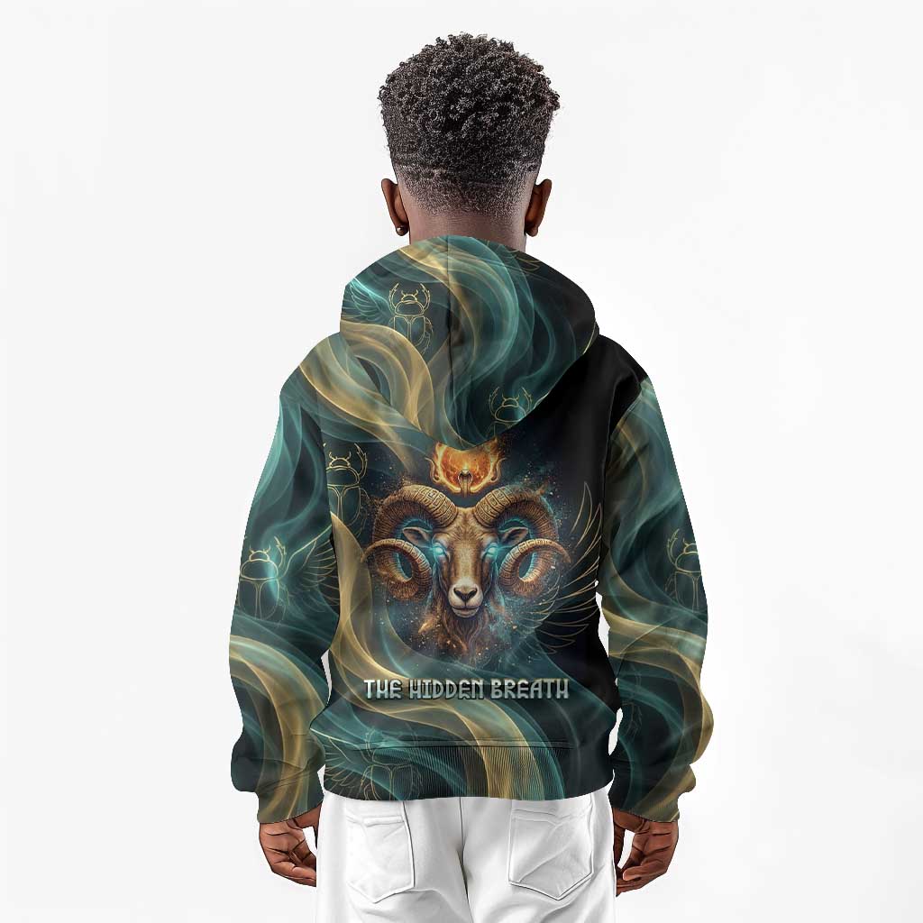 Amun Ancient Egyptian Kid Hoodie with Mystical Smoke Swirl Pattern, Fiery Ram Head, and Hieroglyphic - Wonder Print Shop