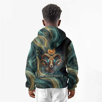 Amun Ancient Egyptian Kid Hoodie with Mystical Smoke Swirl Pattern, Fiery Ram Head, and Hieroglyphic - Wonder Print Shop